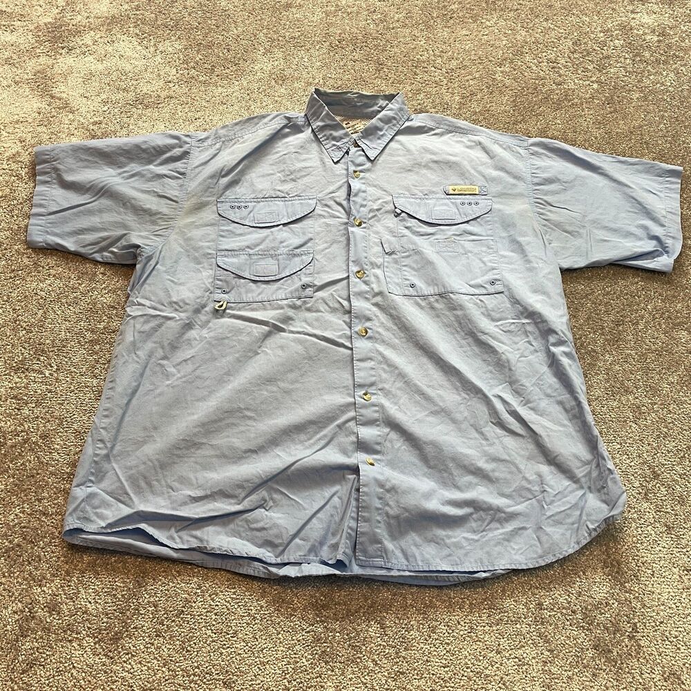Columbia Sportswear Shirt Mens XL Light Blue Button Up Short Sleeve Relaxed Fish